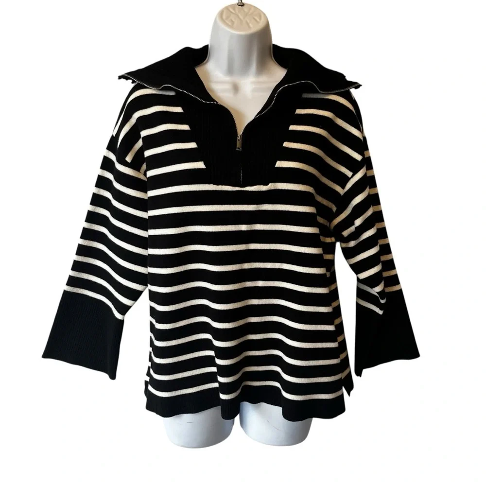Elie Tahari pullover sweater XL Black white striped Heavy knit 1/4 zip Womens